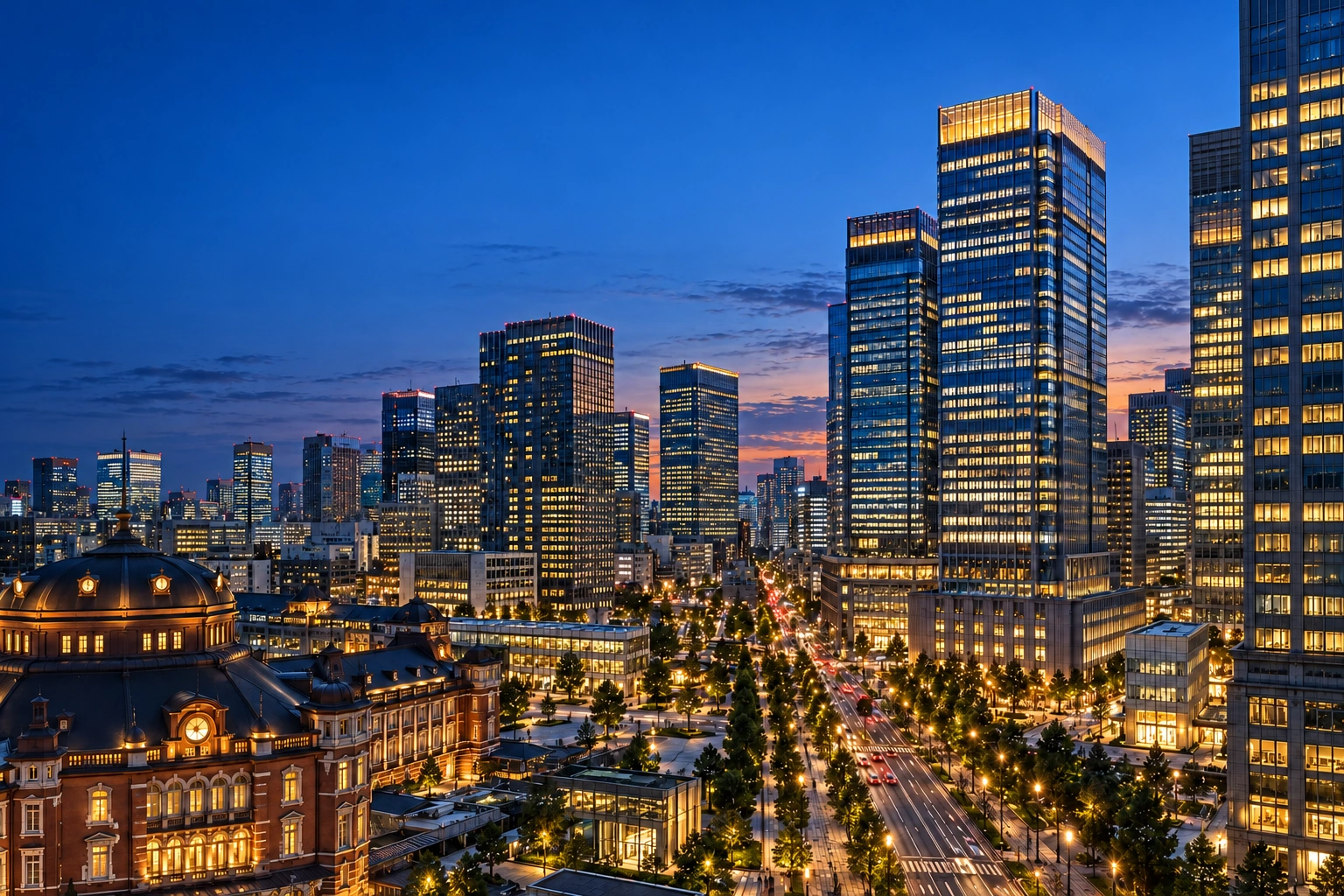 東京の駅舎とビル、大通りの夕景